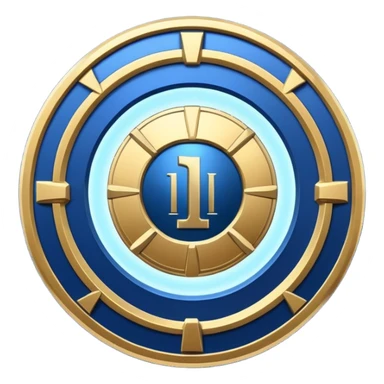 Futuristic achievement medal badge, circular shield emblem with engraved Roman numeral I and subtle “12M” detail, metallic gold and deep blue glow, sci-fi web3 game UI style, polished 3D game asset, soft energy aura, dark background, centered composition, high detail sticker