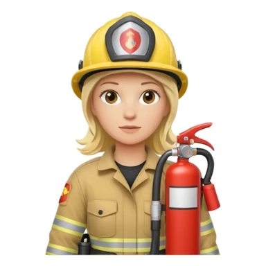 Firefighter with respiratory protection, blonde female, with fire extinguisher sticker