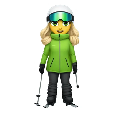 Green-eyed, fat female skier with medium-length straight blonde hair no curls, snow goggles on top of helmet, white ski helmet, gray snow jacket, green ski gloves, long black pants rolled up at the bottom, black only snow boots standing tall. sticker