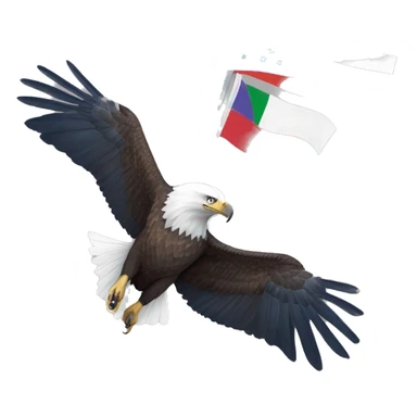 bald eagle in flight grasping three different flags with its talons: 1. pride flag, 2. trans flag, and 3. blue flag with the earth on it sticker