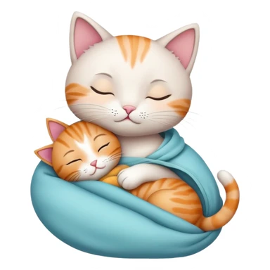 A cute little cat, sleeping with a doll in its arms sticker