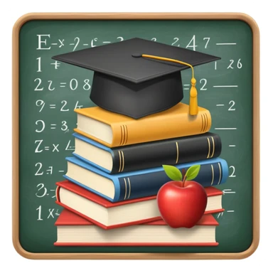 An icon featuring a chalkboard with educational equations, an apple, and a pencil, symbolizing pedagogy. The design includes a stack of books and a graduation cap, representing teaching and learning. Transparent background highlights the dedication to education and mentorship. sticker