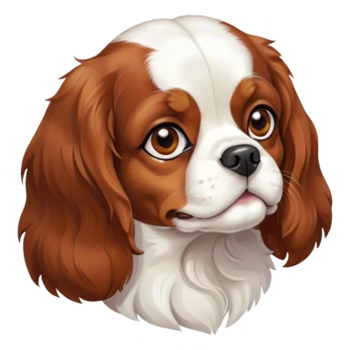 Cinematic Noble Blenheim Cavalier King Charles Spaniel Portrait Emoji, Poised and regal, with a graceful, medium build and a well-groomed Blenheim coat featuring rich chestnut and white markings, soulful brown eyes, Simplified yet sharp and sophisticated features, highly detailed, glowing with a soft, dignified glow, high shine, intelligent and affectionate, stylized with an air of elegance, focused and attentive, soft glowing outline, capturing the essence of a watchful and refined companion, so majestic it feels as though it could step out of the screen with effortless authority! sticker