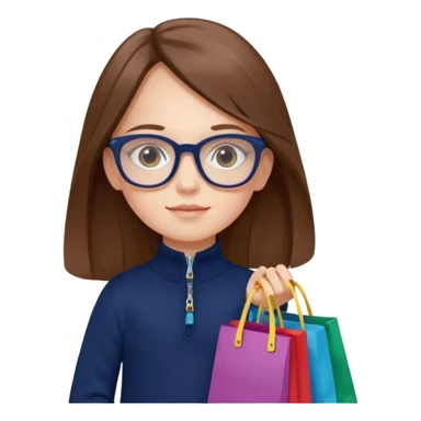 A little girl (he usually calls her baby), who is obsessed with shopping and luxury brands and holds a dozen of bags, she wears navy blue half zip sweater and holds 10 bags and she has long brown hair with Prada eyeglasses  sticker