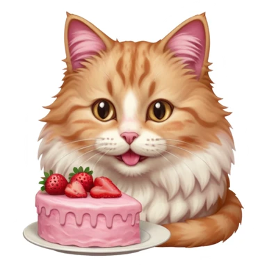 Close-up portrait of a fluffy cat eating a strawberry cake, pink cream on its nose and whiskers, detailed fur texture, soft natural light, shallow depth of field, high resolution, cute and candid moment
, sticker