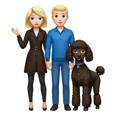 Create an emoticon depicting two people. One person is a tall man with blonde hair and blue eyes. The other is a shorter woman with dark brown hair, brown eyes, and brown skin. Between them, there is a large black poodle standing. sticker