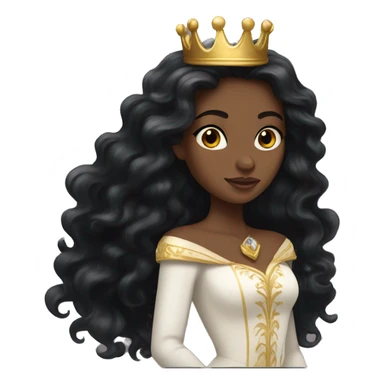 white princess with long black wavy hair and a golden crown sticker