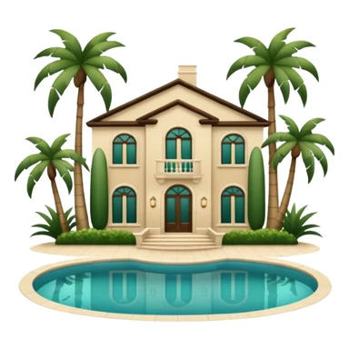 light beige luxurious villa with swimming pool and dark green palm trees, emoji style sticker