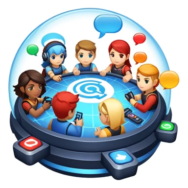 An icon representing multiplayer gaming, featuring a digital arena where diverse characters compete or cooperate. Avatars, chat bubbles, and team icons symbolize online interaction. A game HUD displays player stats, emphasizing teamwork and rivalry. Transparent background. sticker