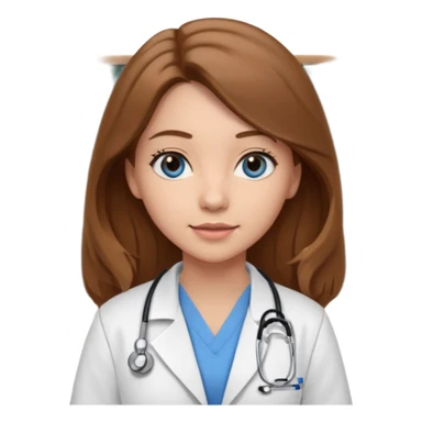 pretty female nursing student with long brown hair, blue eyes inside a classroom at university with blackboard behind her sticker