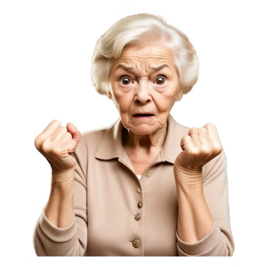 Cartoon style, a close-up shot focusing on the angry elderly neighbor, her face scrunched up in irritation, with one hand gesturing wildly and the other clenched in a fist, shaking it threateningly, her eyes narrowed and her expression exaggerated for comedic effect, the background slightly blurred but still showing hints of the chaotic scene from before, with a few items scattered on the ground, the overall tone is humorous and over-the-top, capturing the essence of a grumpy yet endearing character, DSLR, 50mm focal length, high saturation, animated film aesthetic, exaggerated and comical close-up, Pixar-inspired, animated film look. sticker