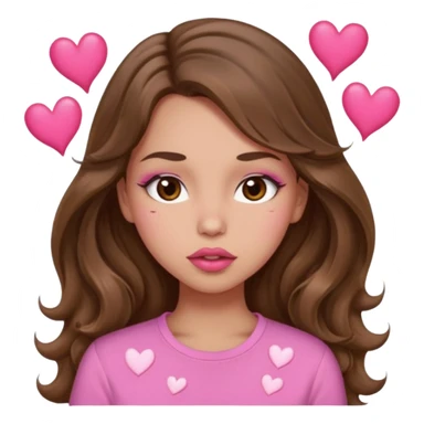 girl with long wavy brown hair, brown eyes, light to medium complexion, in a pink shirt, pink lips, long lashes, puckering lips kissing, blushing with hearts sticker