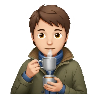 A gentle-looking man with messy hair and layered torn jackets, warming his hands over a small tin cup of hot drink.
 sticker