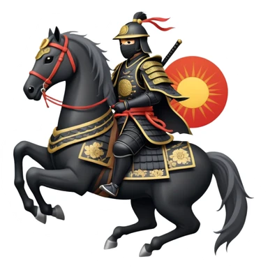 clash-of-clans-aesthetic_-cinematic-fearsome-and-majestic-samurai-bust-portrait-emoji, rendered in a flat, vector-style with minimal shading and bold, simplified shapes typical of emoji art, depicting a battle-hardened samurai with black mask and traditional black Japanese armor. The samurai is riding a noble grey warhorse adorned with an intricately designed saddle and fluttering banners and a rising sun. a zoomed insamurai riding on a  horse sticker