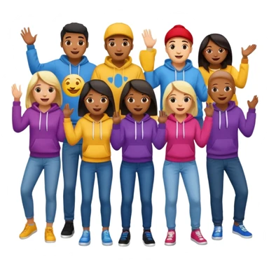 winners’ podium with multi-racial people middle step higher no numbers fun colorful clothes like jeans t-shirts and hoodies excited fun expressive emoji style sticker