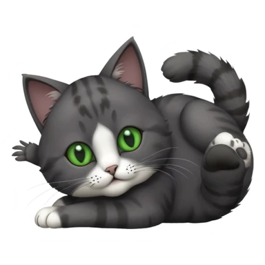 solid dark grey cat with green eyes, completely solid grey face, white toes/paws playing rolling upside down sticker
