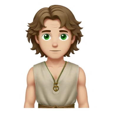 medieval summer outfit worn by a DnD themed fantasy male character. thin sleeveless linen tunic with a deep V-neck and a loosely tied rope belt. clothes only above the waist. The clothes full waist. The character's haven't arms. character is white-skinned, brown hair, green eyes, shoulder-length wavy hair. sticker