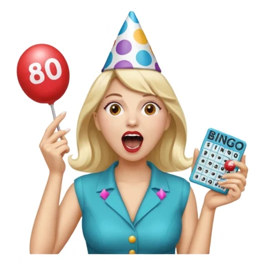 woman shouting bingo with bingo card sticker