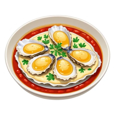 Fujian oyster omelette with red sauce, simplified emoji style with bold outlines and bright colors, cartoon style Xiamen street food sticker