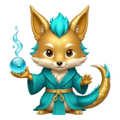 Chibi teal fox-dragon emoji with small antler horns, confident magical expression, gold mark on forehead, teal-gold robe, holding glowing blue water orbs, with dragon tail sticker
