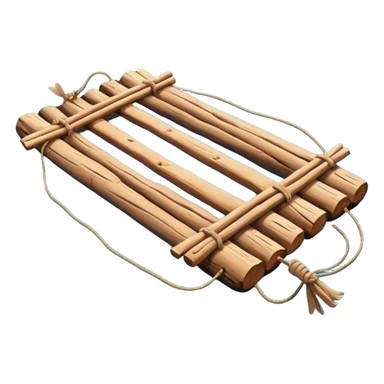 showing a simple wooden raft floating on calm blue water — made of several brown logs tied together with rope — gentle ripples around it — bright, cheerful lighting and soft shadows — minimalist, clean emoji design sticker