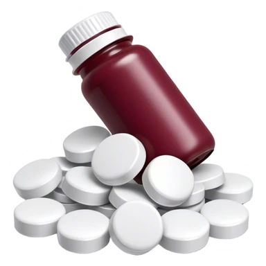 Burgundy pill bottle top with white pills inside sticker
