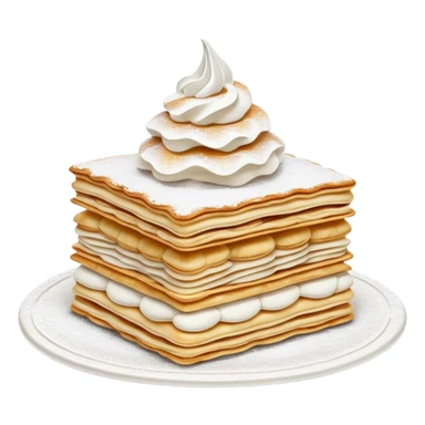 Cinematic Realistic Mille-Feuille Dessert Emoji, depicted as layered puff pastry with rich cream and a dusting of powdered sugar rendered with intricate textures and elegant, soft lighting. sticker