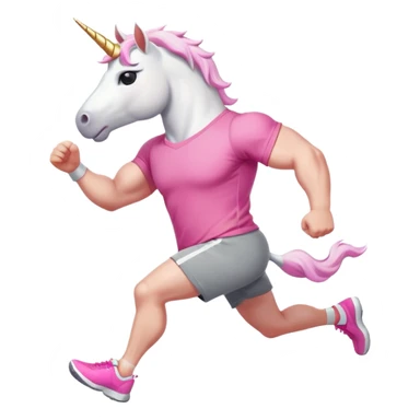 friendly anthropomorphised male white unicorn with a fit, chunky, muscular and strong physique, arms and legs matching the white of the head, in grey shorts and pink t-shirt, wearing dark sunglasses, jogging upright in a relaxed pose sticker