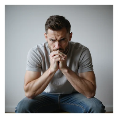realistic 30-year-old man suffering from anxiety, sitting with hands clasped, tense expression, minimalist background sticker