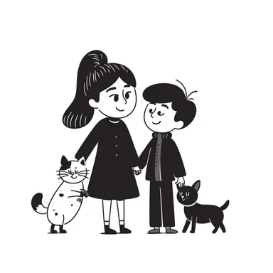 A girl with long brown hair holding the hand of a boy with black hair, both dressed in black, holding a cat and dog sticker