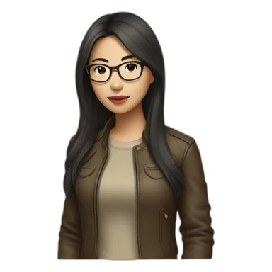 asian girl with glasses and a leather jacket with a  khaki shirt and long dark hair sticker