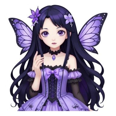 Gothic anime fairy with long beautiful black hair and violet dress, pastelcore, Lolita, aesthetic, beautiful, pretty, amazing, epic, gorgeous, sparkly sticker