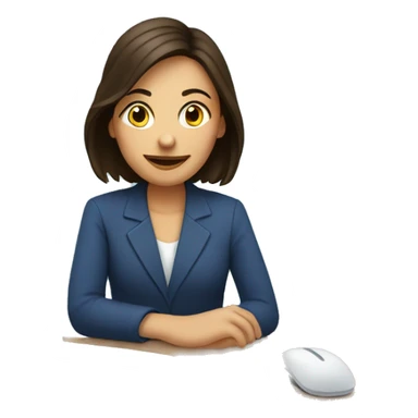 brunette sitting at laptop against blue circle background sticker