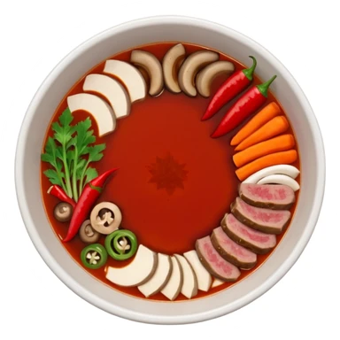 A hot pot emoji in top-down view. The pot is divided into two sections: one with spicy red broth filled with chili peppers, and one with mild white broth. Surround the pot with rolled slices of meat, vegetables, and mushrooms.The meat outside the pot sticker