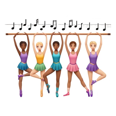 Icon for Choreography: a group of dancers stretching by the wall in a dance studio, with a dance barre, metronome, and musical notes in the background. The icon should represent training, discipline, and teamwork in choreography. Transparent background. sticker