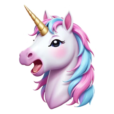Cinematic Cute Yawning Unicorn Pony Portrait Emoji, Head tilted slightly with a dramatic, wide-open yawn, showcasing a petite, softly glowing form with a gently drooping mane, a subtle, shimmering horn and sleepy, half-closed eyes, Simplified yet irresistibly adorable features, highly detailed, glowing with a soft, cozy pastel glow, high shine, relaxed yet expressive, stylized with a dash of whimsical enchantment, soft glowing outline, capturing the essence of a drowsy yet affectionate unicorn pony that appears ready to stretch and yawn its way off the screen! sticker