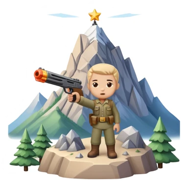 Little character holding a toy gun aiming at a mountain with tiny figures on it sticker