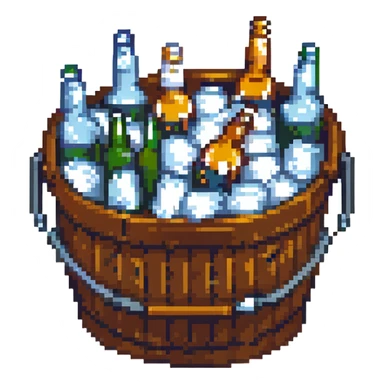 a metal bucket packed with ice and several beer bottles, pixel art style sticker