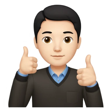 3D avatar of a Korean male frontend developer,
clean 5:5 middle part black hair,
no glasses,
close-up face portrait,
only head and one hand visible,
one hand making thumbs up gesture,
soft and friendly expression,
minimal style
 sticker