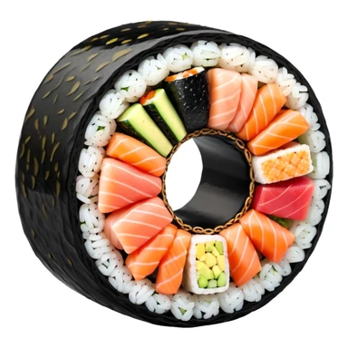 single round sushi maki cross-section, rice ring and colorful center sticker