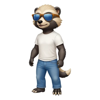 friendly anthropomorphised honey badger in jeans and a t-shirt, wearing sunglasses, walking upright, standard pose sticker