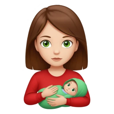 a girl with brown strait hair and has baby green eyes has a red t-shirt sticker