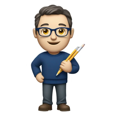 caucasian white man with dark hair, blue glasses, and carrying design plan because he is an architect carrying a pencil and a set model maquette. wearing a navy blue long sleeve sweater shirt. smart.  sticker