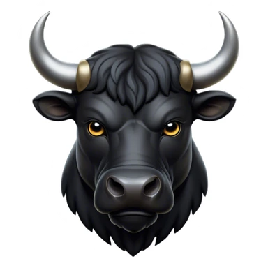 Cinematic Noble Black Bull Portrait Emoji, Poised and regal, with a massive, muscular build and a sleek, well-groomed pure black hide, deep-set soulful dark eyes, Simplified yet sharp and sophisticated features, highly detailed, glowing with a soft, dignified glow, high shine, intelligent and formidable, stylized with an air of strength, focused and attentive, soft glowing outline, capturing the essence of a watchful and confident guardian, so majestic it feels as though it could charge out of the screen with effortless authority! sticker