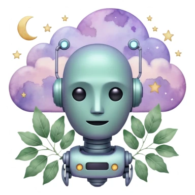 watercolor-style emoji of a robot head silhouette with “AI” inside a lilac cloud, connected to a soft circuit shape. gentle pastel palette (sage green, blush, lilac), surrounded by leaves, moon, and stars — poetic and calm aesthetic. sticker