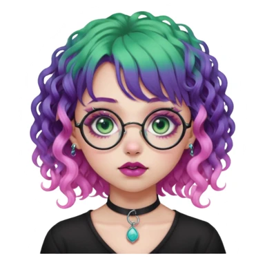 . Gothic girl with pink to violet ombré hair with pink on top, ringlet curly hair, bangs round glasses, septum piercing, nostril piercing, almond eyes, blueish green eyes,heavy eyeliner,  sticker