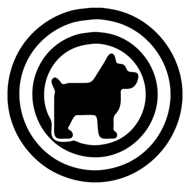 solid white filled pictogram icon of thick geometric dog silhouette at center with three thick solid white concentric rings radiating outward on solid black background minimalist symbolic 1:1 aspect ratio sticker