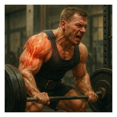 European powerlifter lifting weights, muscles and nervous system dynamically represented as rapidly growing, visibly inflamed and swollen shoulder tendons, risk atmosphere, realistic details, weight room background sticker