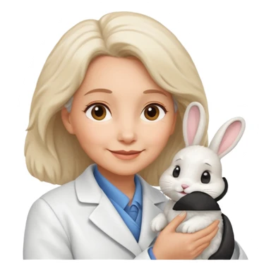 Older female vet – gentle smile, coat, checking rabbit  sticker