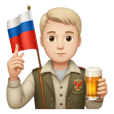 Russian man with russian flag holding a beer and a cigarette sticker